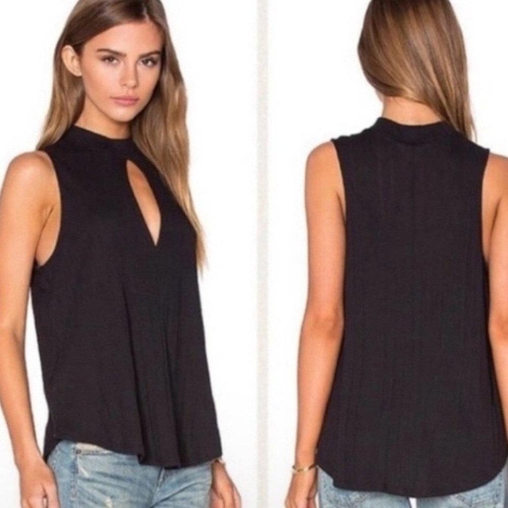 Free People We The Free Faye Keyhole Tank Top M Black Slub Knit Cutout Boho Chic